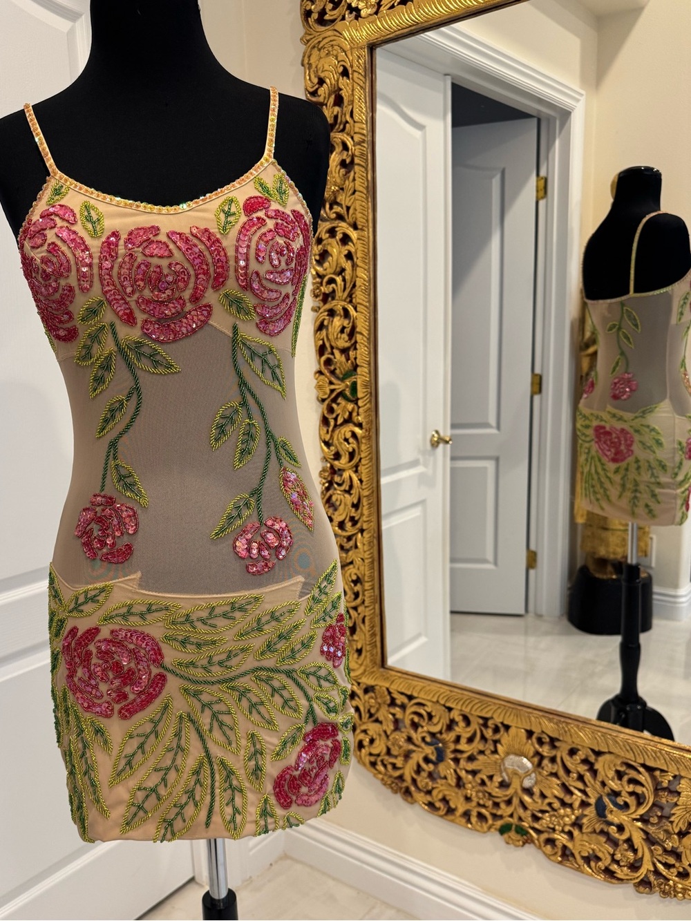 Sheer hand beaded Floral design Slip Dress - Pink & Green roses